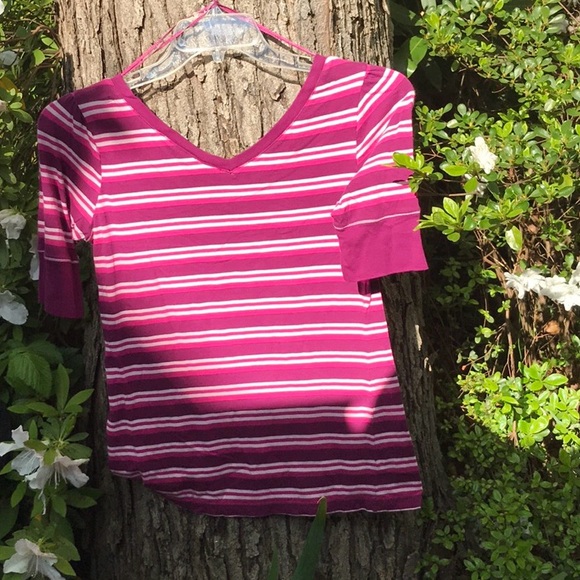 Union Bay Pink Purple White Striped v-Neck & Back Shirt Top 3/4 Sleeves Jrs XL - Picture 5 of 9